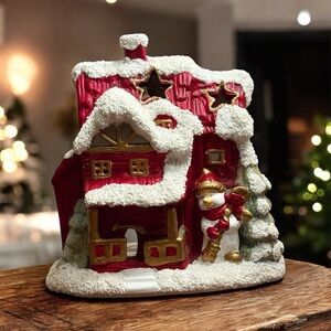Vintage Ceramic Glitter Snow House Santa Tealight Candle Holder Christmas Decor